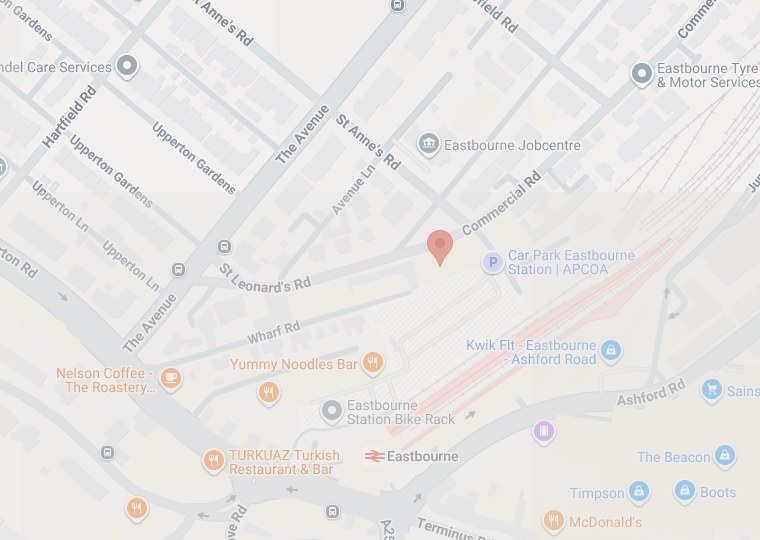 Map of Eastbourne town centre showing Truebyte's office near Commercial Road